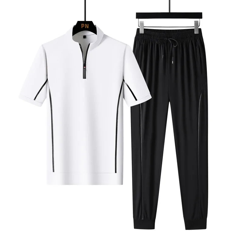 OEM custom logo embroidery printed design short-sleeved suit men's summer 2025 new men's zipper shorts trousers two-piece suit