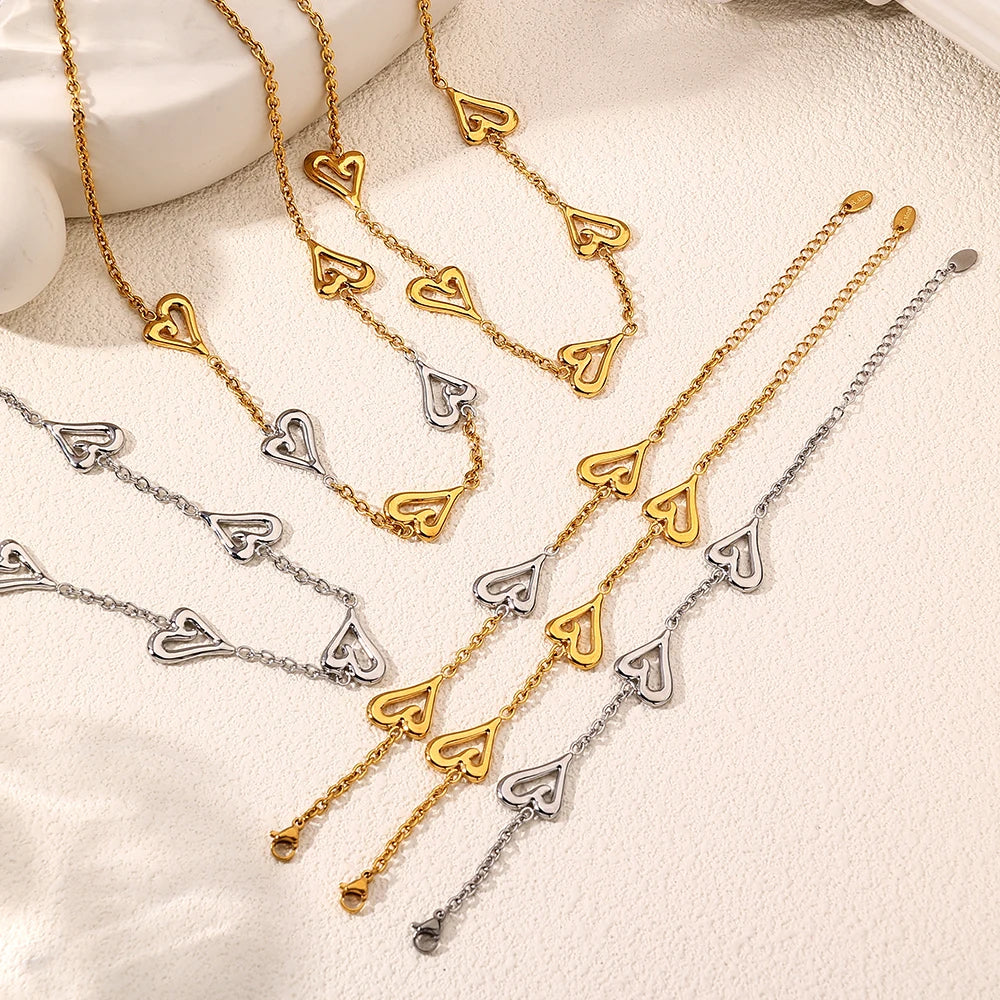 POP Stainless Steel Hollow Heart Bracelet Necklace Set Vacuum Plated Non Fading Non Allergic Jewelry Wholesale Fashion Accessory