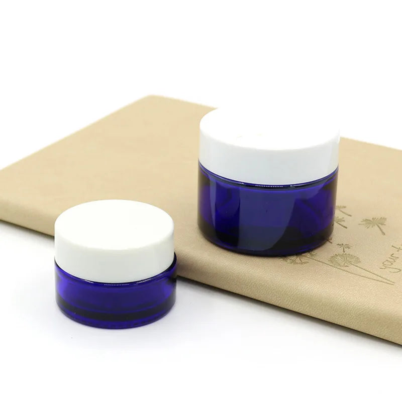 10g 20g 30g 50g 100g Cobalt Blue Wide Mouth Straight Side Glass Jar with White/Black Lids for Cosmetic Packaging