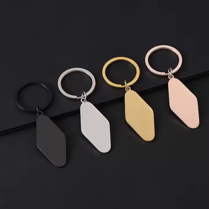 Custom Engraved Logo Mirror Polished Diamond Motel Room DIY Metal Stainless Steel Blank Keychain Bulk Personalized Tags Keyring