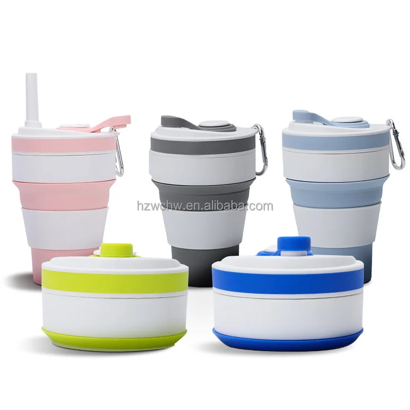 12oz Reusable Silicone Drinking  Coffee Cup with Straw Perfect Foldable Design for Hiking Drinkware