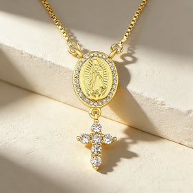QIKU Catholicism Our Lady of Guadalupe Cross Pendant Copper Zircon Gold Color Women Necklace Religious Jewelry Accessories Gift