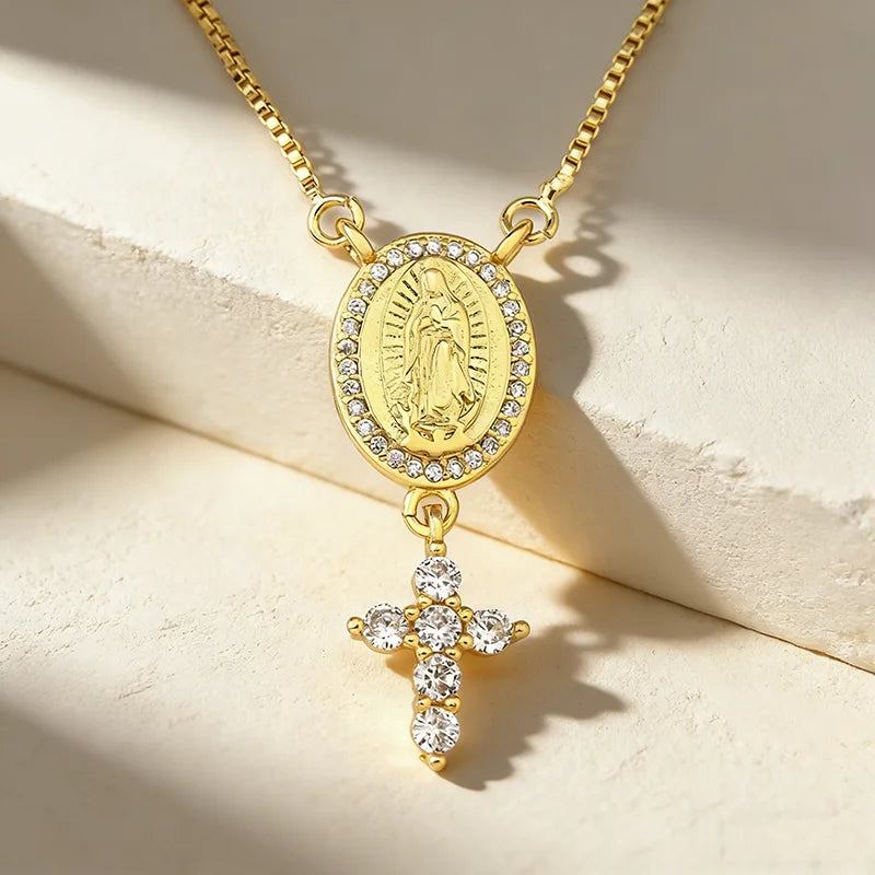 QIKU Catholicism Our Lady of Guadalupe Cross Pendant Copper Zircon Gold Color Women Necklace Religious Jewelry Accessories Gift