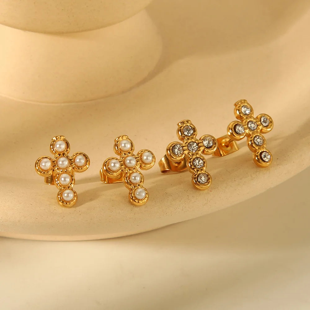 Best-Selling 18K Gold Plated Stainless Steel Stud Earrings for Women Bezel Setting Cross Design Color-Preserving Inlay