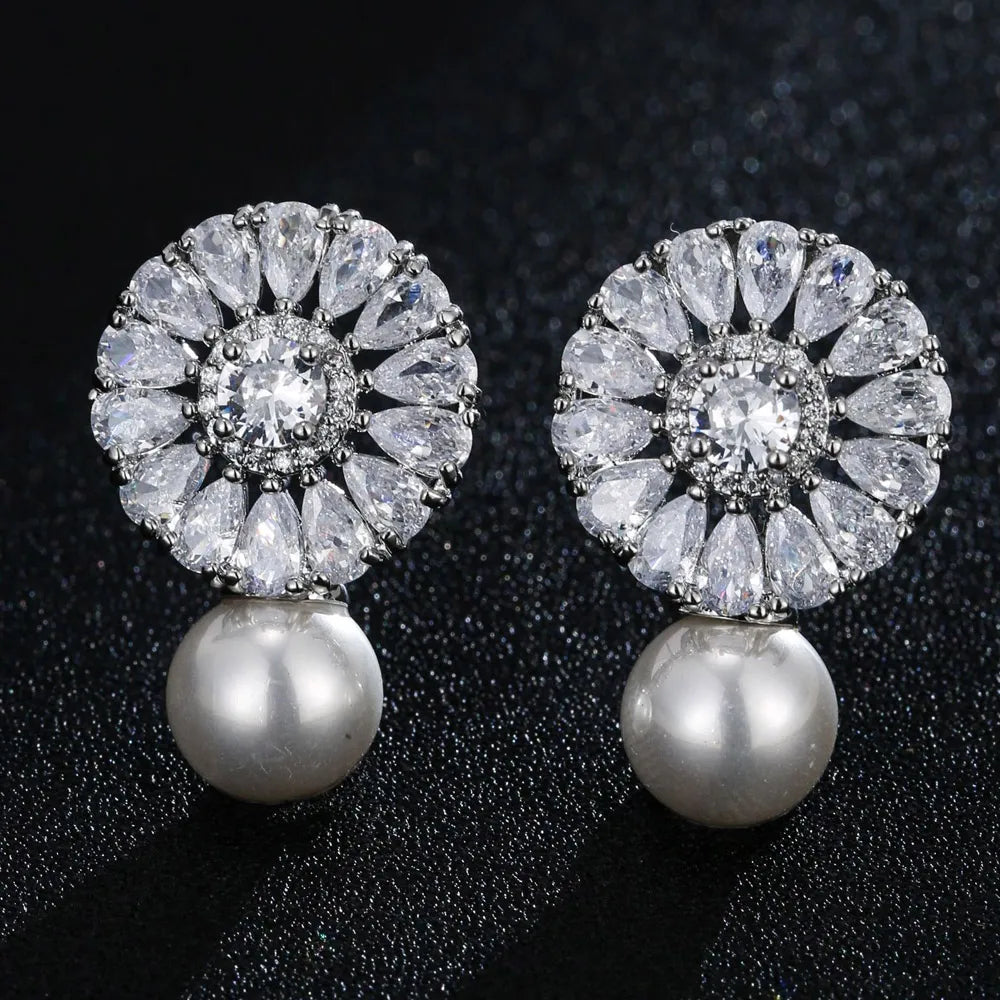 MOQ 2pcs Only Wholesale Jewelry Zircon CZ Imitation Pearl Gold Plated Drop Earrings Bridal Stainless Steel