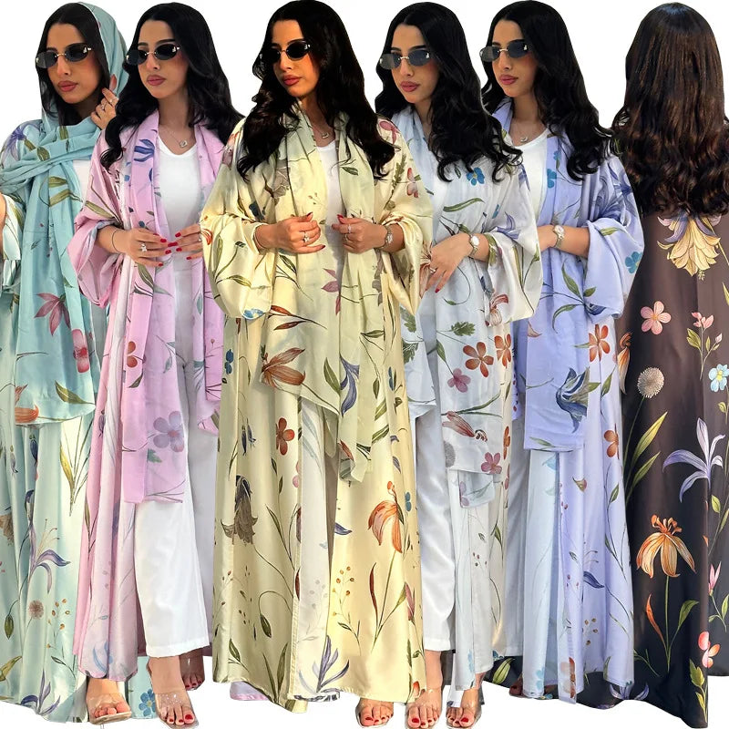2026 Modest Dresses Simple Open Abaya Flower Printing Abaya Women Muslim Dress Islamic Clothing Women Robe