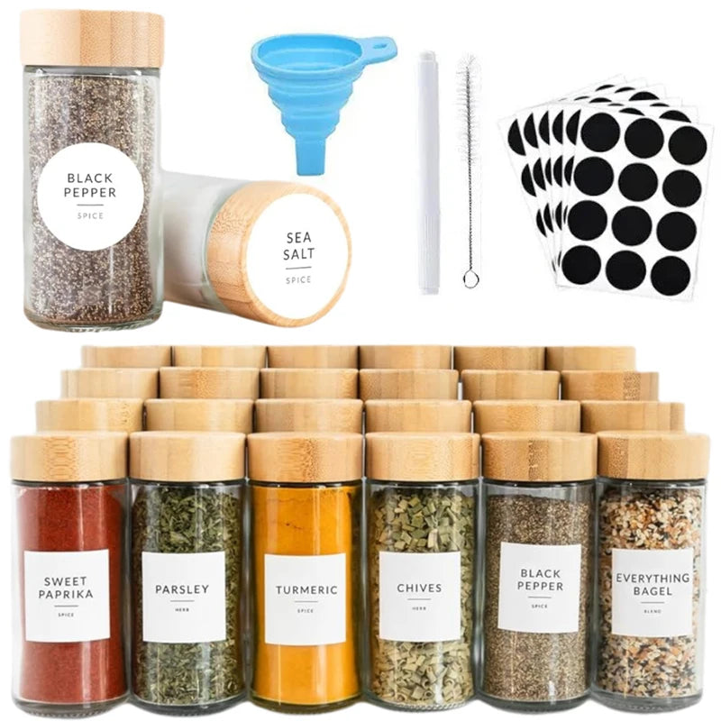 4 oz Kitchen Empty Round Square Bamboo Wooden Seasoning Container 120ml 4oz Glass Salt and Pepper Spice Jar Set With Shaker Lid