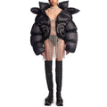 Custom Ladies Winter Puffer Jacket High Street Style Black Rhinestone Hooded Zipper Crop Canvas Fabric Coated with Front Logo