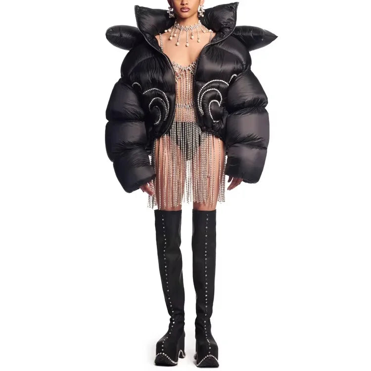 Custom Ladies Winter Puffer Jacket High Street Style Black Rhinestone Hooded Zipper Crop Canvas Fabric Coated with Front Logo