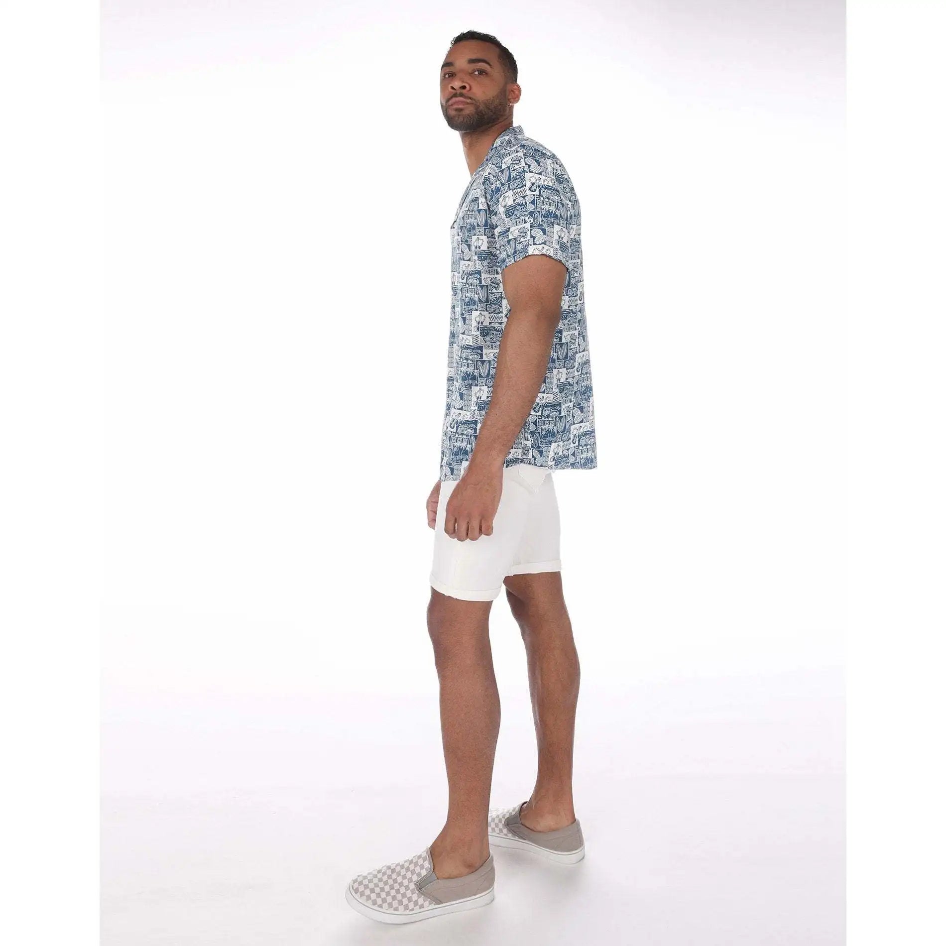 Empire Waist Regular Fit Men's Sky Blue Hawaiian Shirt with Blue Postcards Design Casual Summer Breathable Short Sleeve