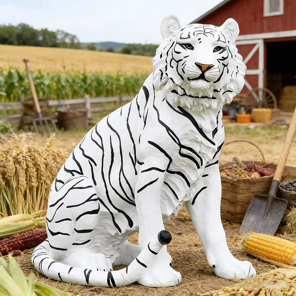 Striking White Tiger Resin Decor Lifelike Albino Tiger Sculpture (Detailed Stripes) Regal Indoor/Outdoor Garden Accent