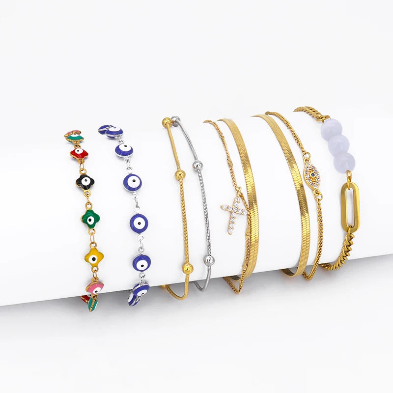 Turkish Devil Eye Colorful Anklet Simple Waterproof Double Chain Women's 18K Pvd Stainless Steel Cross Jewelry Anklet MegaBDM