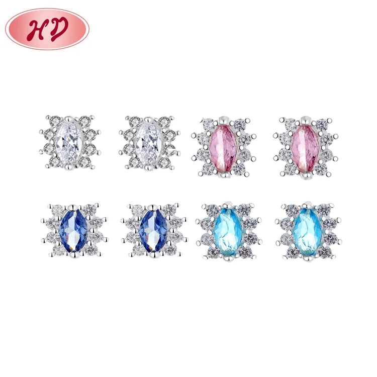 Wholesale Women Jewelry Flower Blue Cubic Zirconia Sterling Silver Stud Earrings S925
