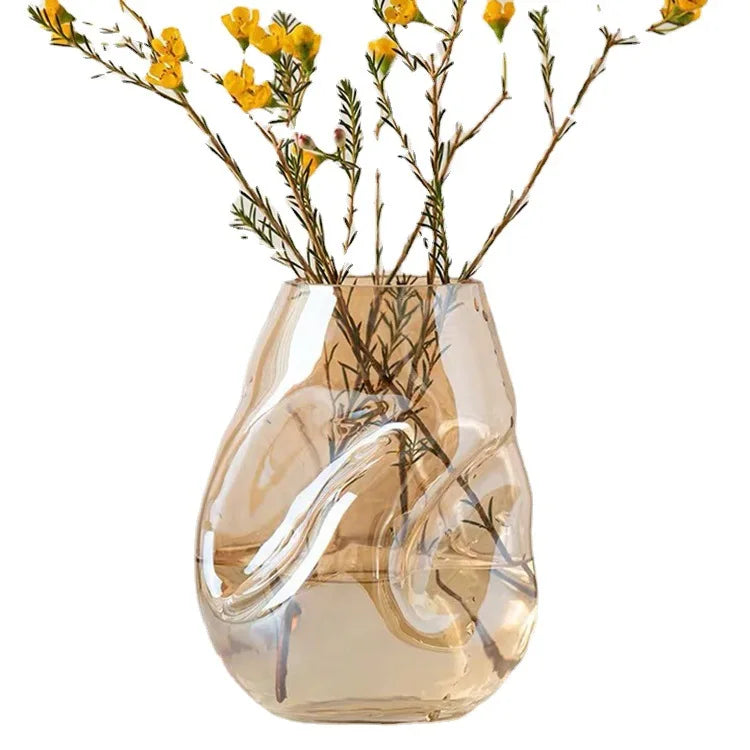 Contemporary Minimalist Large Amber Glass Vase Irregular Shape Tabletop or Floor Flower Vase Luxury Style with Multi-Usage