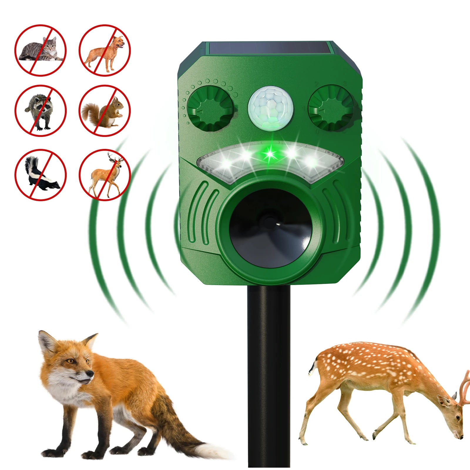 For Pigs Deer Fox Cats Dogs Rabbits Ground Stake Deterrent with Flash Light IP44 Waterproof Solar Ultrasonic Animal Repeller