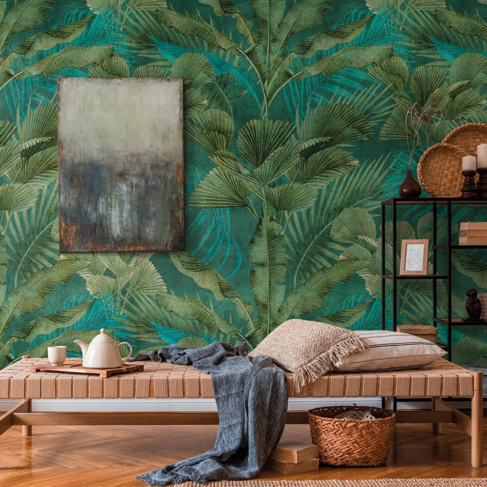 Germany Made Modern Design Photo Wallpaper Jungle Green Blue Non Woven Vinyl Wall Mural Plants Leaves for Bedroom Hospital Use