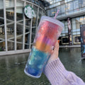 New Bling Stunning Double Wall Snow Globe Tumbler Plastic 710ml Eco-Friendly Iridescent Pink Kaleidoscope Lid Straws Thermal
