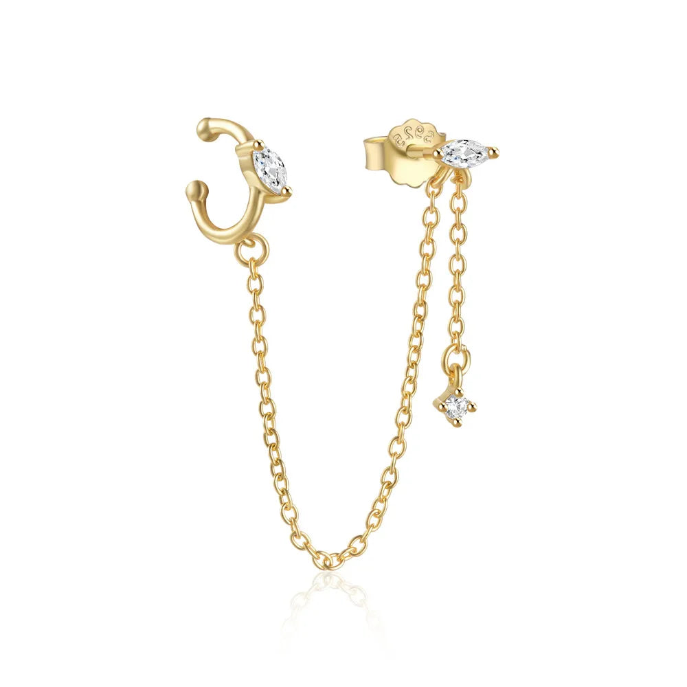 CANNER Unique Tassel Chain Fine Jewelry Cuff Earrings S925 Sterling Silver Marquise Zircon Stud Chain Earrings 18K