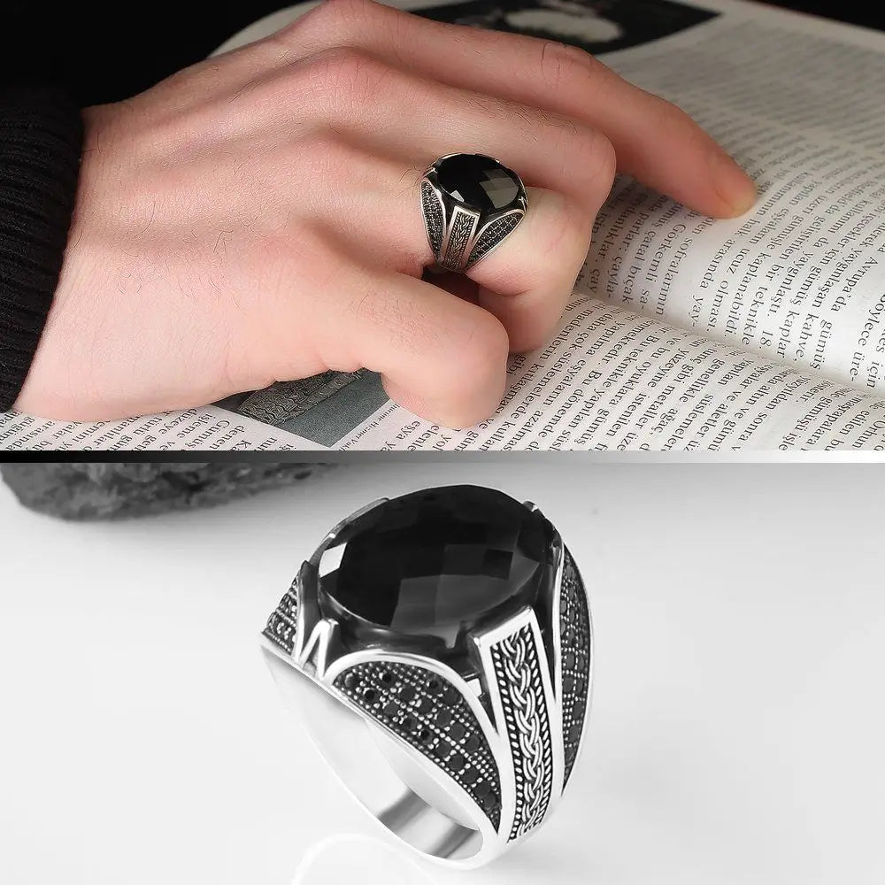 Wholesale Azuris VALKH1195 925 Sterling Silver Ottoman Style Men's Ring with Natural Stone Agate Handmade in Turkey