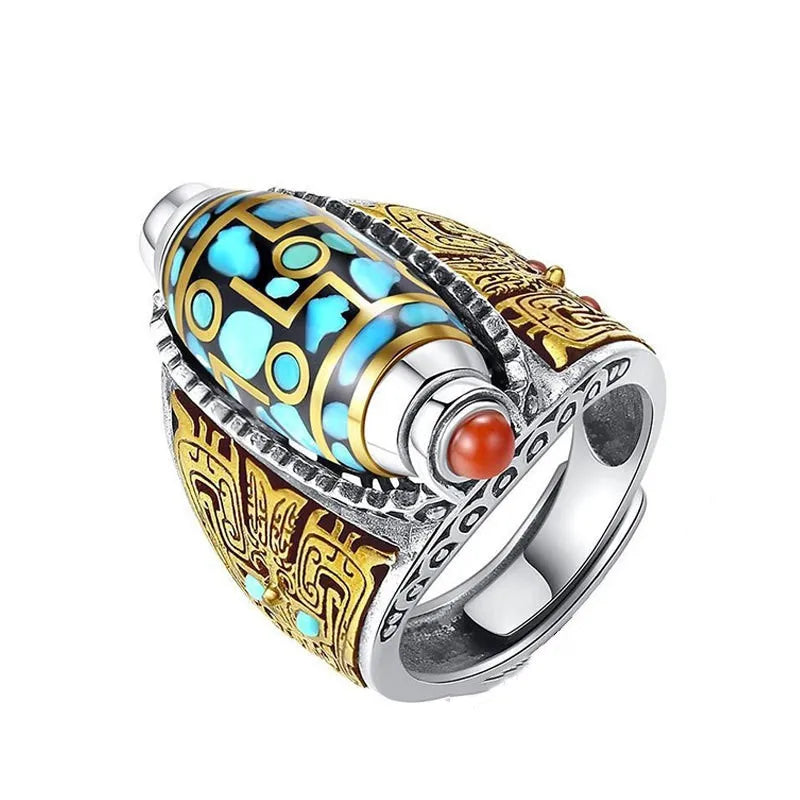 Fenyi Wholesale Thai Silver Ethnic Style Luck Nine-eye Dzi Beads Men's Open Rotatable Luck Retro Ring Surging Jewelry Men