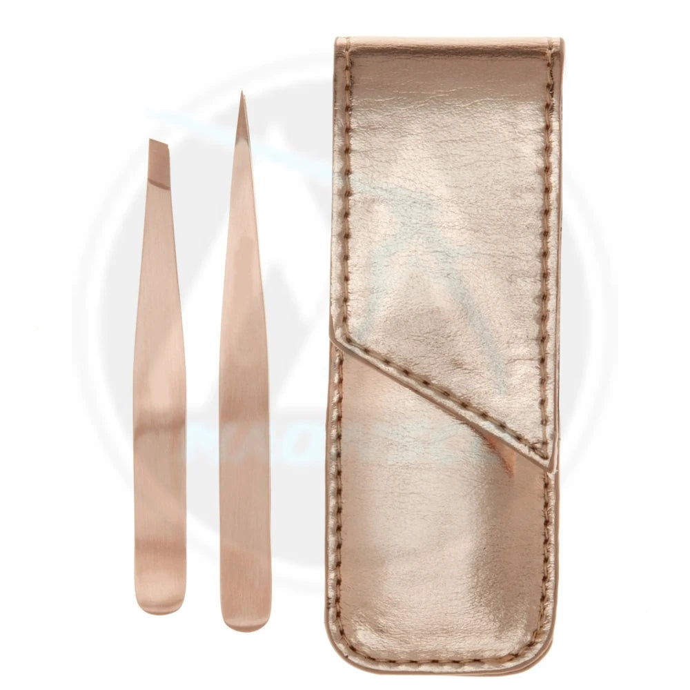 Professional Stainless Steel 2-Piece Tweezer Set with Rose Gold Petite Point & Slant Design 7 in 1 Function Travel Case