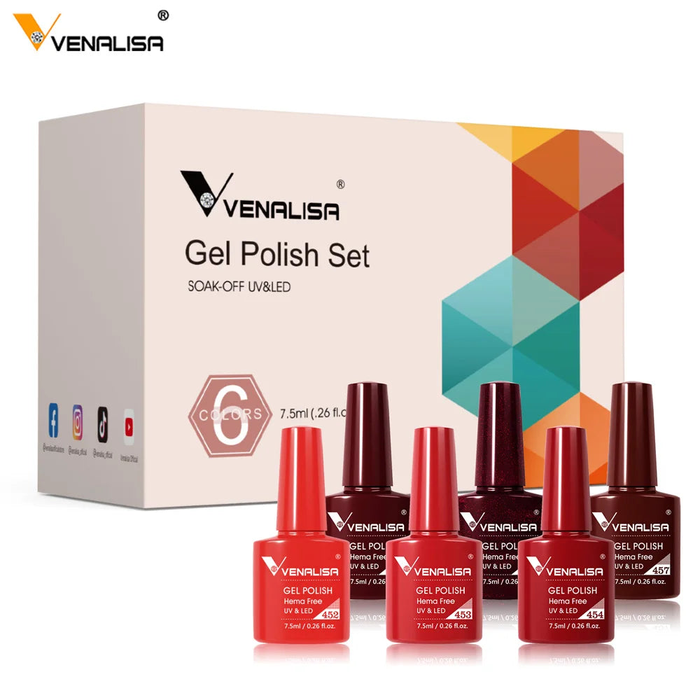 6PCS/Kit Red Color Venalisa Gel Nail Polish DIY Manicure Starter Kit French Nails Natural Nude Color Nail Gel Polish Enamel Gift