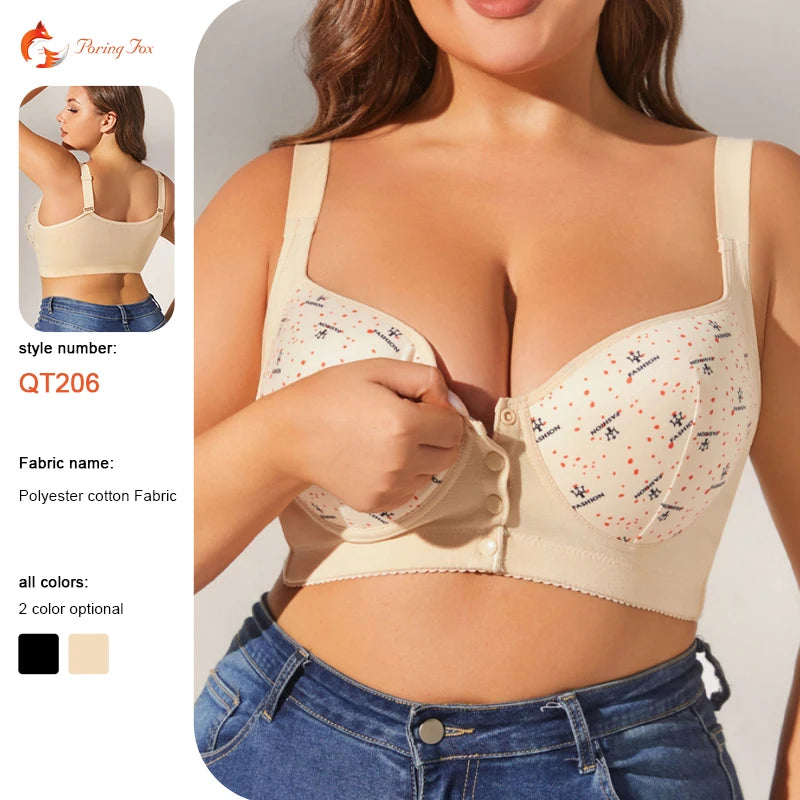 Women's Fashionable Patterned Thin Underwire Bras Large Plus-Size Front Buckle Full Coverage Adjustable Straps Push-up Knitting