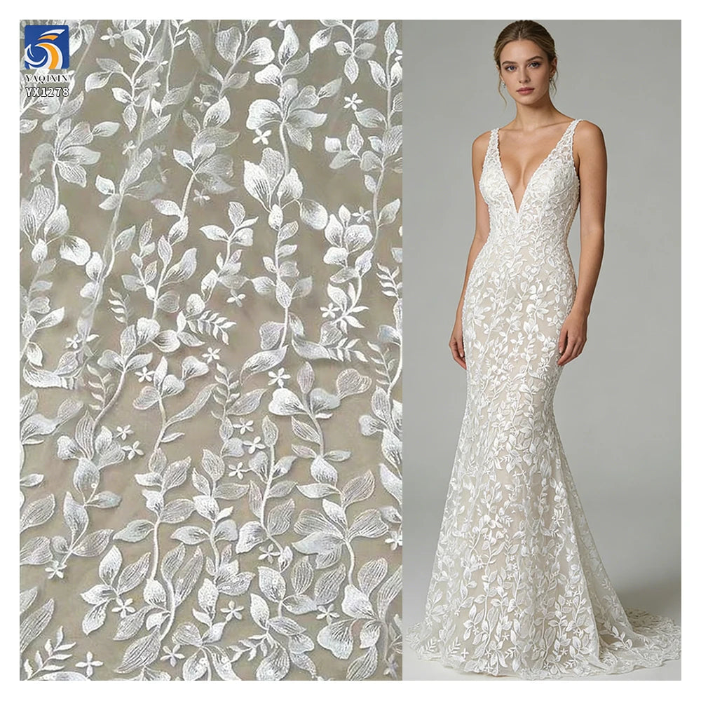 YX1278 10 Yards Low Price Cheap White Tulle Fabric Lace Water-Soluble Embroidery Leaf Pattern Lace Fabric for Chinese Brides MegaBDM