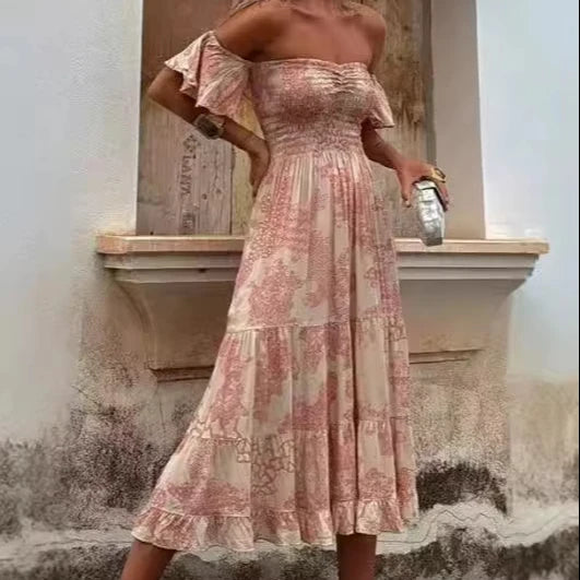 Summer Clothes New Arrival: Printed Off-the-Shoulder Strapless Sexy Casual Dress with Ruffled Sleeves Clothing Manufacturers