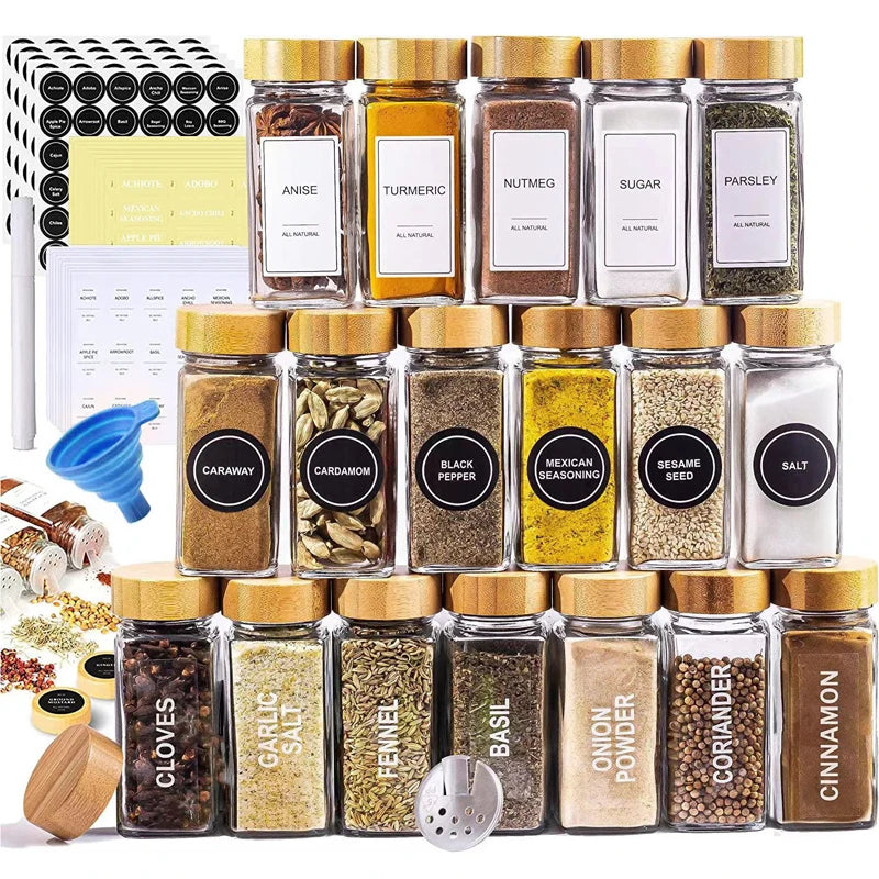 Glass Spice Jars with Labels Seasoning Spice Storage Containers Bottles Square Jars with Bamboo Lids 4 oz Jars with Shaker Lids