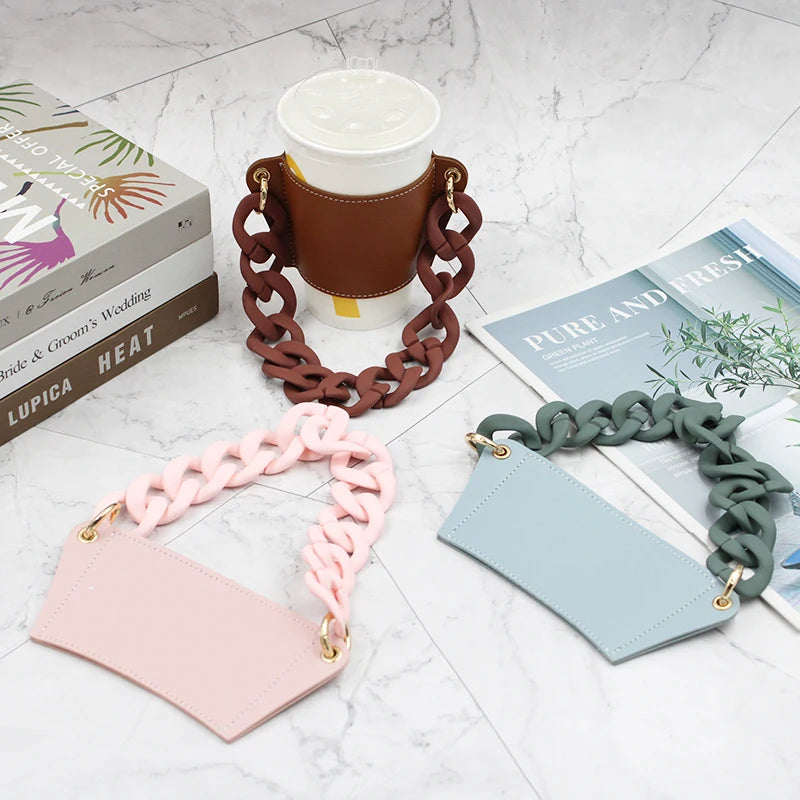 Portable Water Cup Cases Reusable Leather Coffee Cup Sleeve Holder with Acrylic Chain Strap for Travel Tea Cups & Saucers