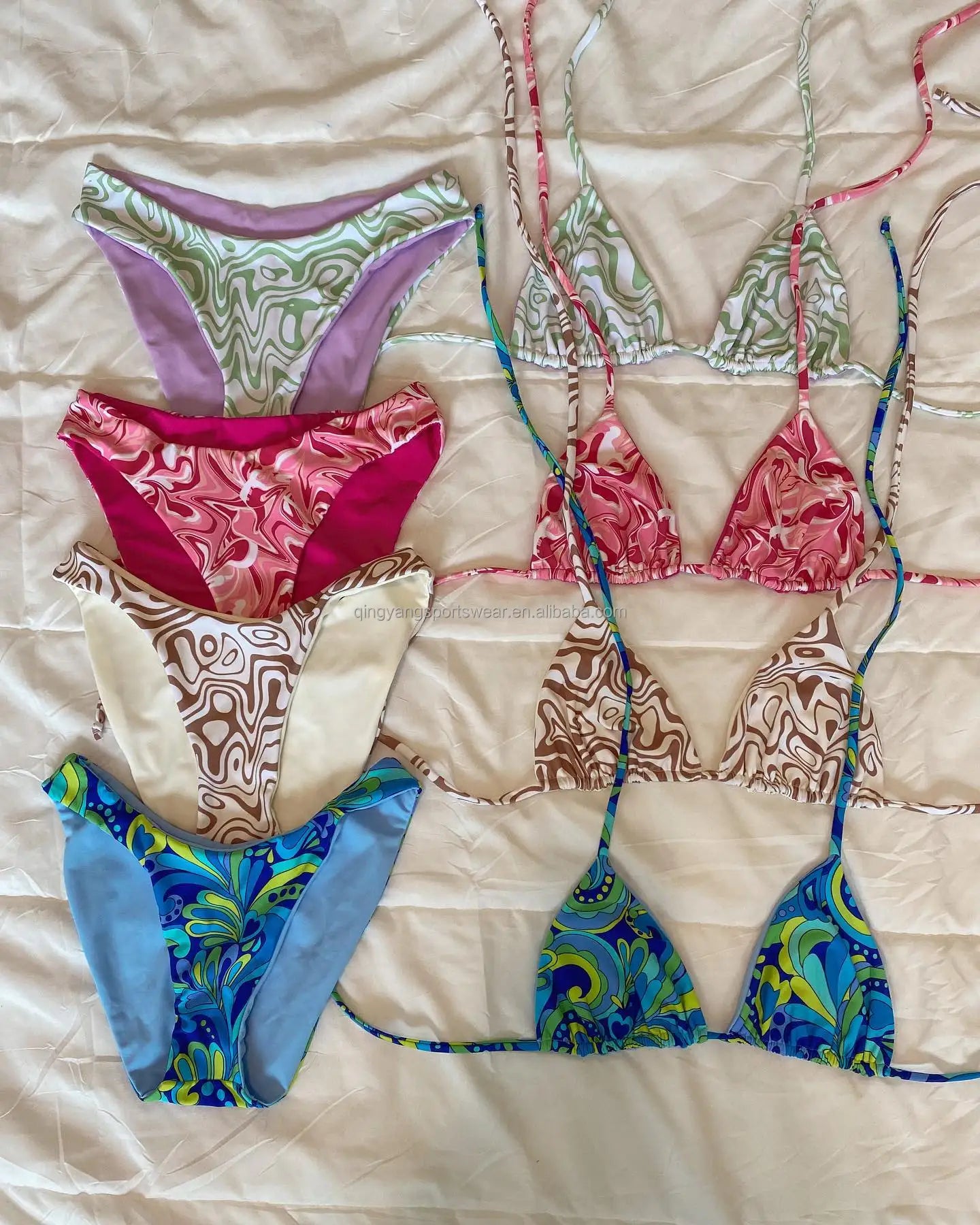 2023 OEM Design Double-Lined Recycled Fabric Leopard Plaid Brazilian Thong Swimsuit Women's 2-Piece Bikini Set Beachwear