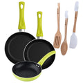 Set of 3 San Ignacio frying pans (20+24+28cm) green pressed aluminum + Set of 3 kitchen utensils in silicone and wood