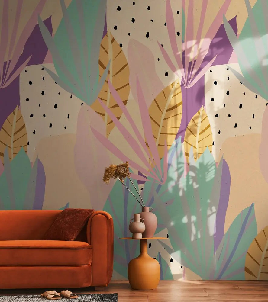 Germany Made Modern Beige Green Purple Yellow Non Woven Vinyl Wall Mural Leaves Scenic 1.59x2.80m Bedroom Dining Removable