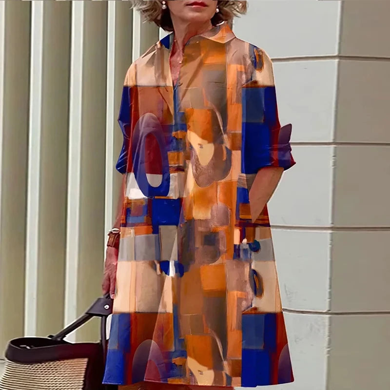 2025 Autumn New Product Fashionable and Elegant Polka Dot Printed Shirt-Collar Long-Sleeve Midi Dress