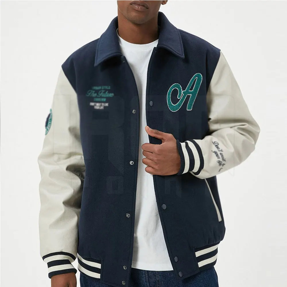 Best Price Winter Letterman Jacket with Unique Style Stand Collar and Front Logo Made in Pakistan for Online Sale