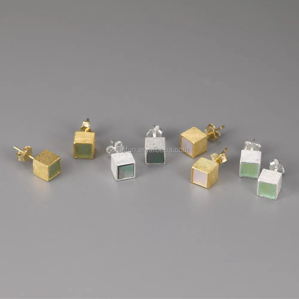 Lotus Fun Handmade 925 Sterling Silver 18K Gold Plating Natural Aventurine and Shell Square Stud Earrings Women Luxury Jewelry