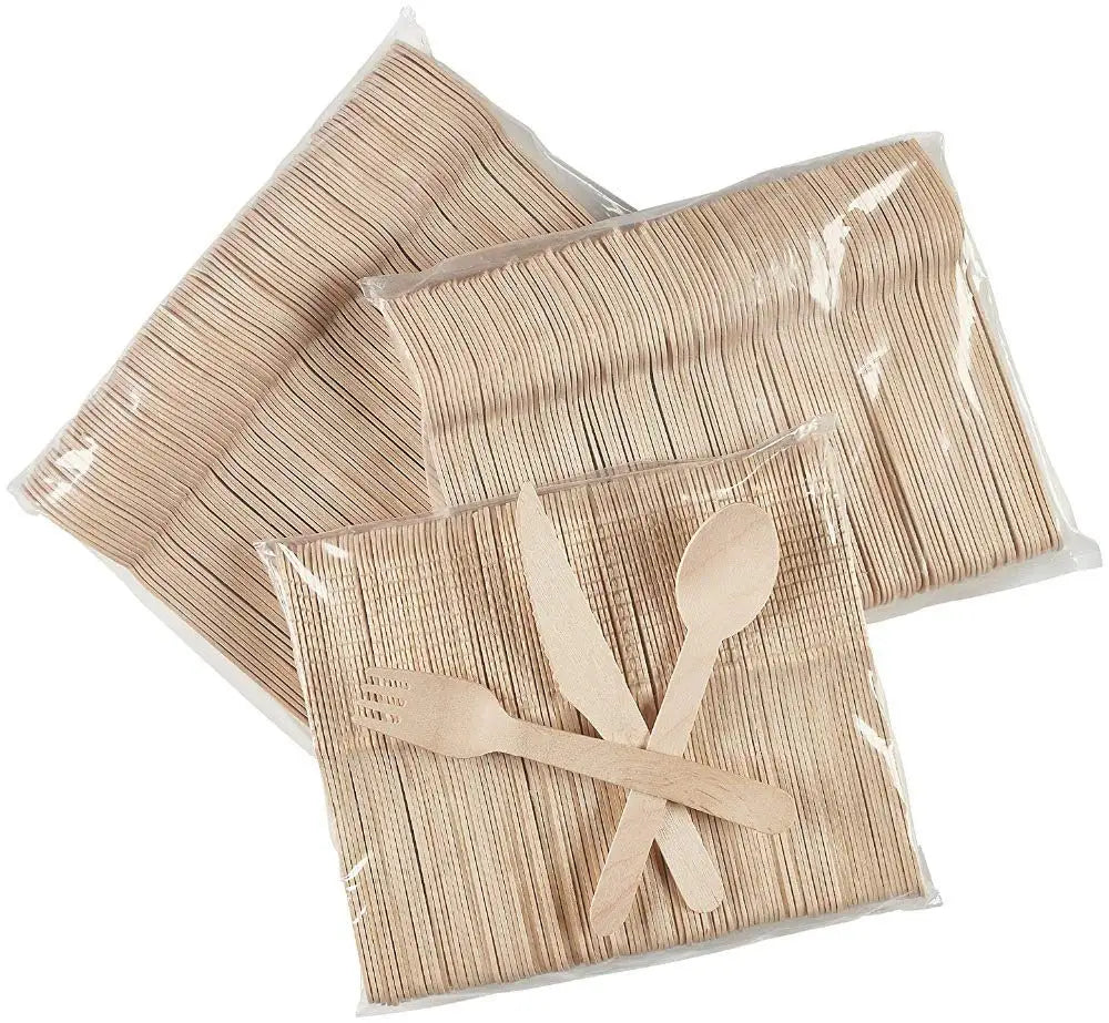 Biodegradable Bulk Birch Wood Knives Forks Spoons Tableware Sets Compostable Disposable Cutlery Set