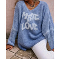 New Trendy Autumn Front Pattern Jacquard Love Letter Print Knitted Pullover Casual Soft V Neck Women