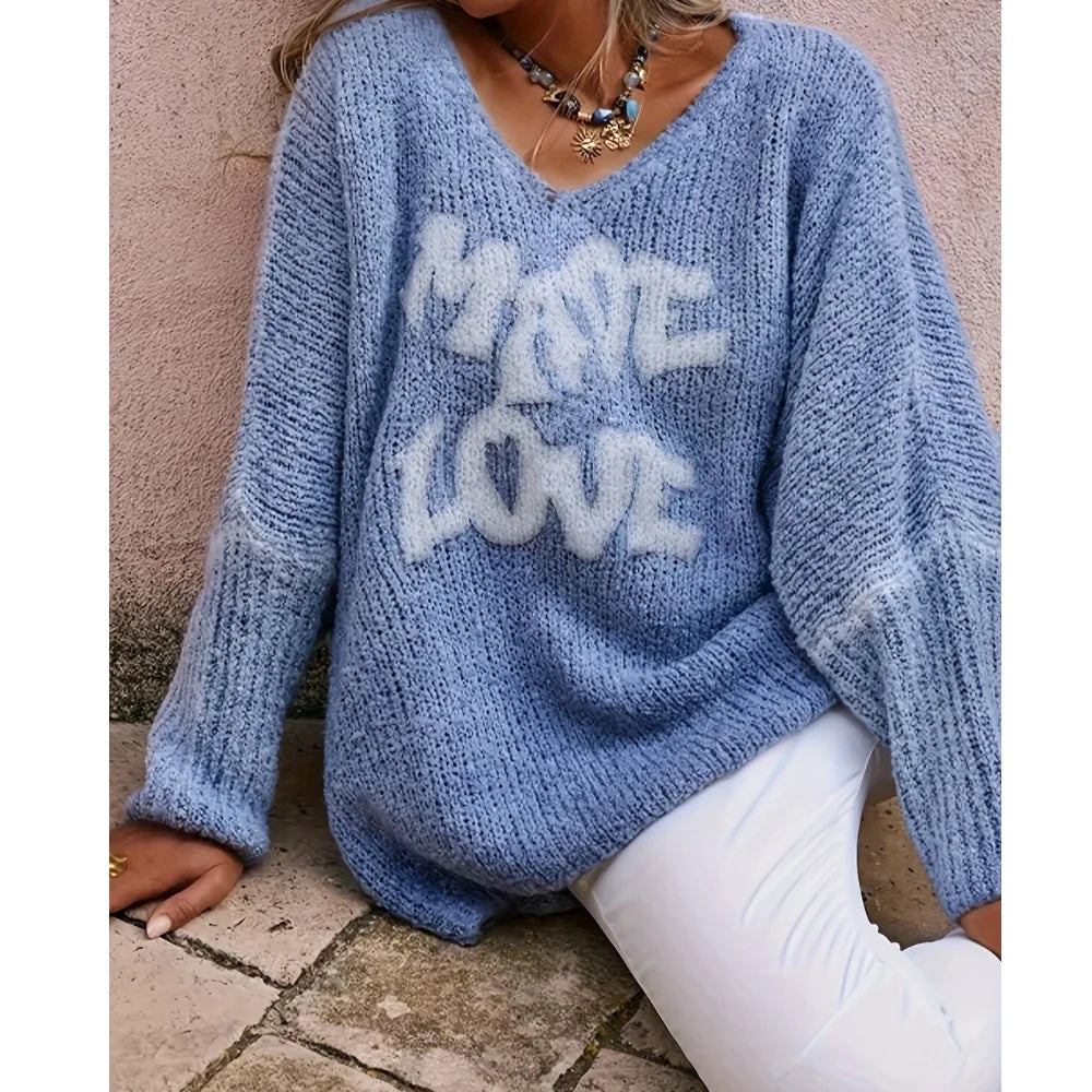 New Trendy Autumn Front Pattern Jacquard Love Letter Print Knitted Pullover Casual Soft V Neck Women