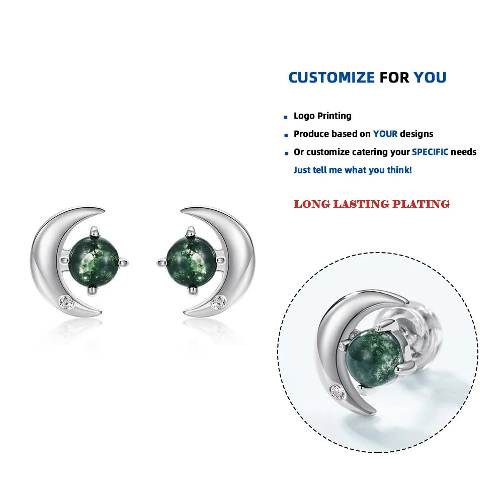E013800-L 925 Sterling Silver Moon Earrings Natural Water Grass Agate Studs Earring Delicate Jewelry Birthday Graduation Gift MegaBDM