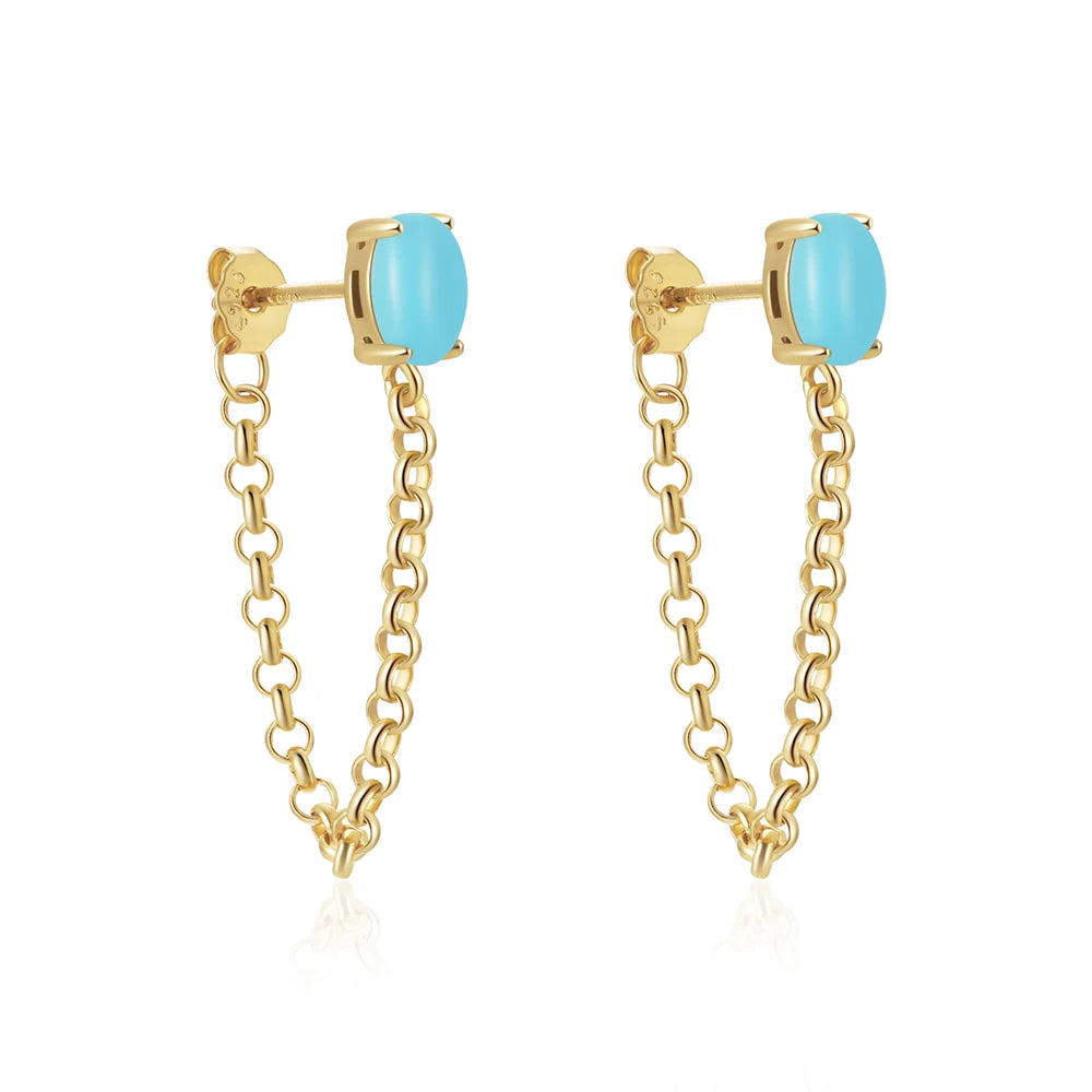 CANNER New 925 Silver Stud INS Tassel Chain Stud Earrings 18k Gold Plated Turquoise Earrings Simple Hanging Chain Jewelry