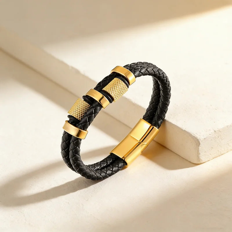 Fashion Stainless Steel Mens Leather Bracelet Double Layer 3 Colors Magnetic Clasp Charm Bangles Male Jewelry Gifts  Wholesale