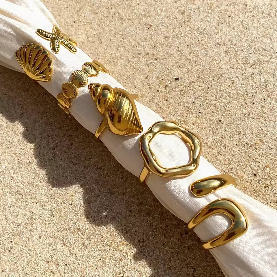 J&D Trendy Geometric Wide Stainless Steel Ring 18K Gold Color Ocean Shell Conch Waterproof Jewelry