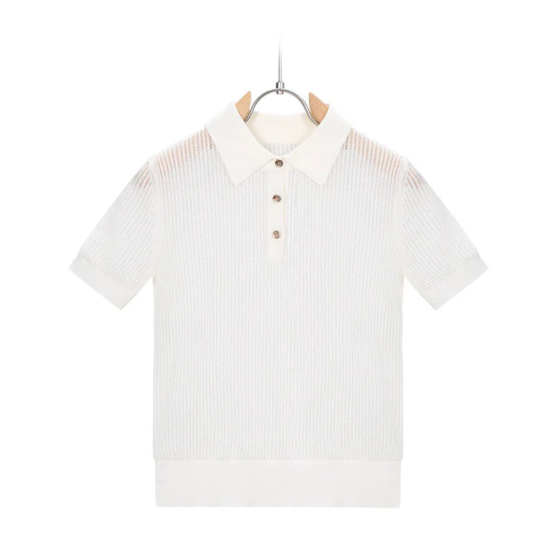 China Bangladesh Factory Price OEM Customized Logo Embroidery French Style Polo Collar Hollow Knit Womens Loose Casual Top Shirt