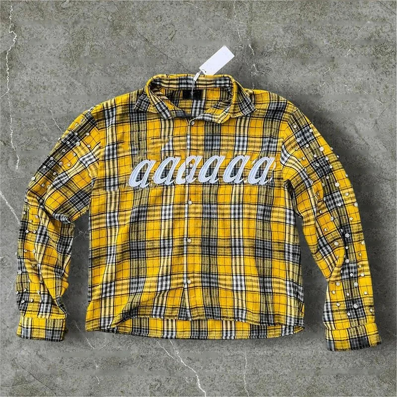 Salati Manufacturer Custom Streetwear Boxy Button up Embroidery Rhinestone Plaid Check Flannel Boxy Cropped Long Sleeve Shirts