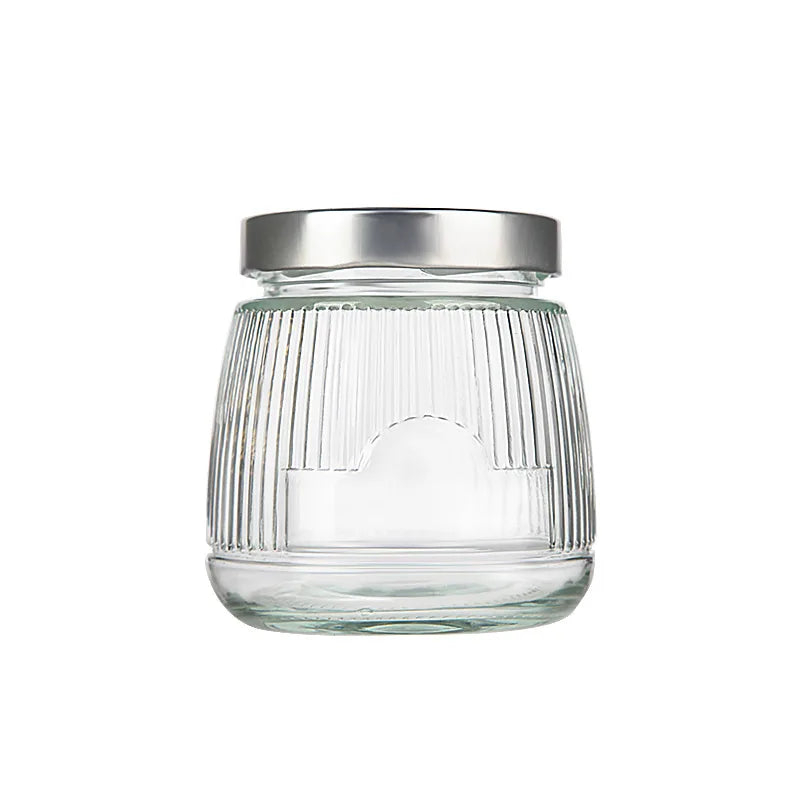 Eco Friendly Wholesale High Quality 650ml Striped Empty Round Pudding Glass Jar Bird's Nest Jar with Metal Lid