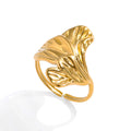 J&D 18K Gold Plated Stainless Steel Ring  Stackable Jewelry Tarnish-Free Leave Shape Opening Ring
