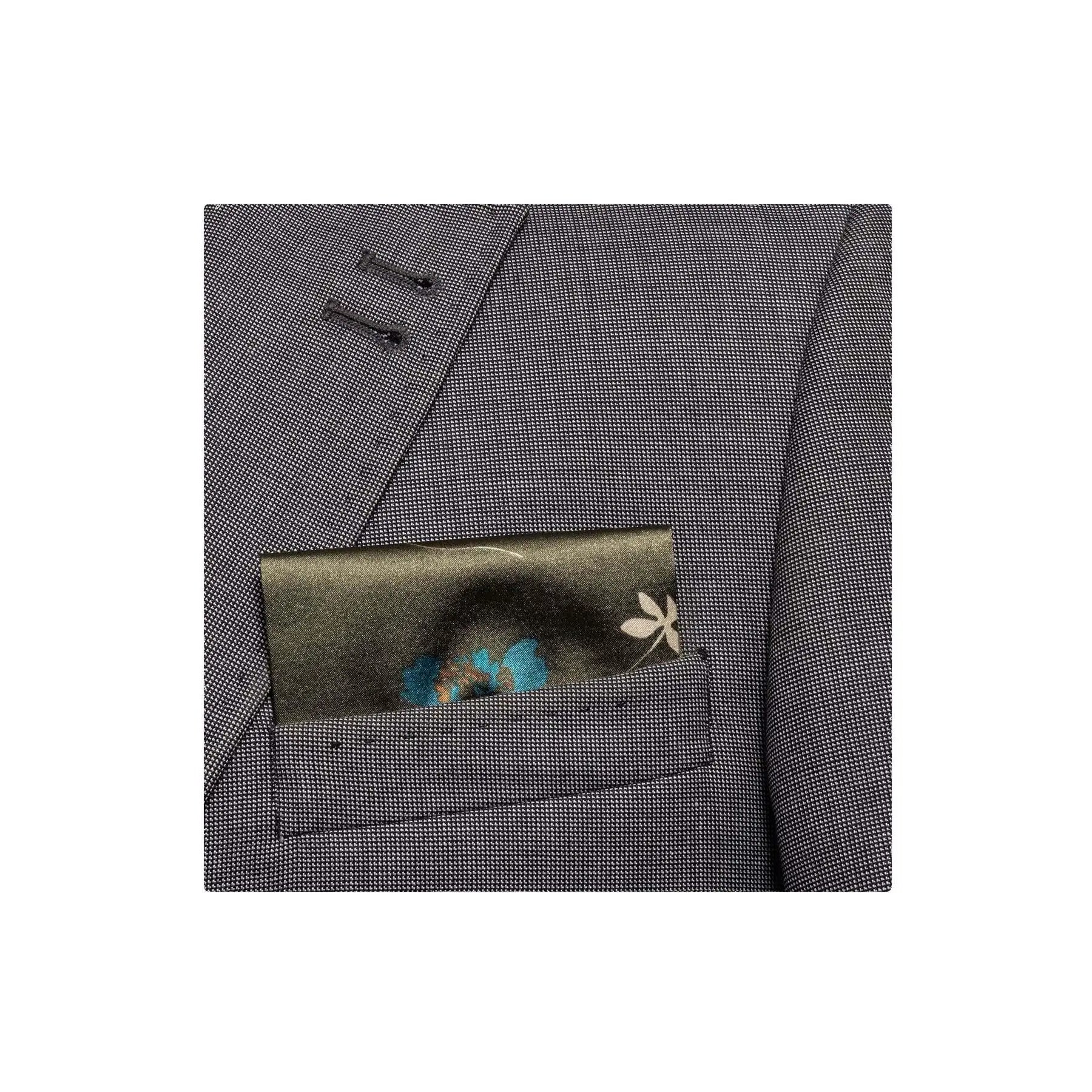 Olive Green Floral Printed Satin Folded Ready to Use Pocket Collar Blazer Handkerchief