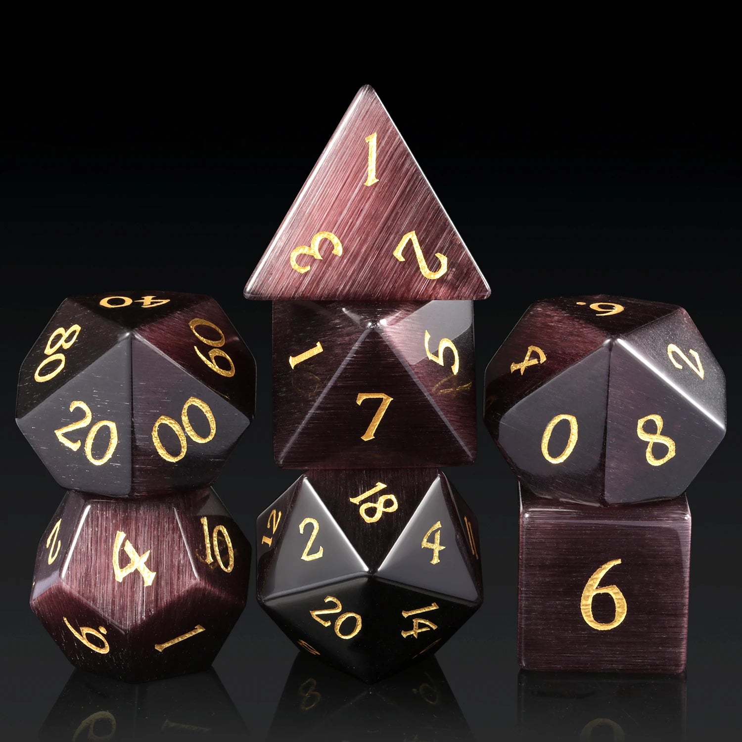 Purple Cat's Eye Gemstone D&D Engraved Handmade Stone Polyhedral Dice Set 16mm Dark Purple Opal Tabletop Games